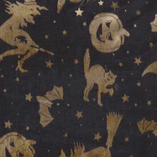 Halloween Gold Black fabric - Fine shiny fabric ideal for Halloween costume with drawings of witches, pumpkins, cats and golden bats on a black background.