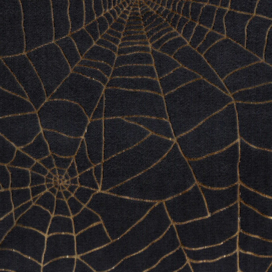OUTLET Cobwebs Gold Black fabric - Shiny fabric ideal for Halloween costume with gold spider web patterns on a black background. The fabric is 150cm wide and its composition is 100% polyester.