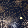 OUTLET Cobwebs Gold Black fabric - Shiny fabric ideal for Halloween costume with gold spider web patterns on a black background. The fabric is 150cm wide and its composition is 100% polyester.