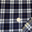 Flannel Checkered Blue White fabric - Flannel fabric with navy blue, black and white checkered pattern with gold / ocher lines