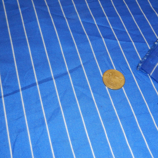 OUTLET Crepe Fine Striped White Blue fabric - Crepe fabric printed with thin white stripes on a blue background. Cheap clearance Outlet fabric