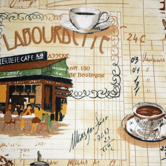 Tela Mantelería Cafetería Francia - Tejido para mantelería con dibujos de cafeterías, tazas de café, tostadas, taburetes y otros dibujos