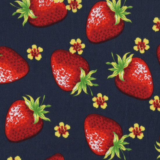 Cotton Strawberries Blue fabric - Fine cotton fabric with strawberry drawings on a navy blue background.
