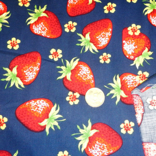 Cotton Strawberries Blue fabric - Fine cotton fabric with strawberry drawings on a navy blue background.
