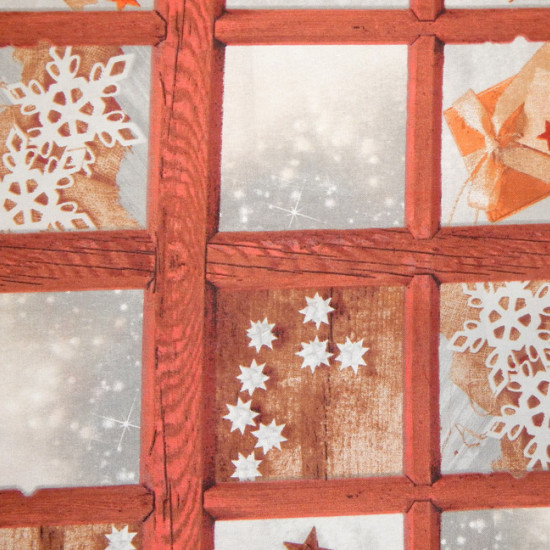 Tablecloths Christmas Drawing 3 fabric - Ideal fabric for Christmas table linen with drawings of stars and snowflakes on a background that simulates a wooden window