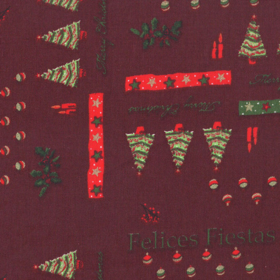 Tela Algodón Navidad Letras Felices Fiestas - Tejido Patchwork 100% Algodón Dibujos de abetos, velas, estrellas y letras de felices fiestas y merry christmas en fondo granate.