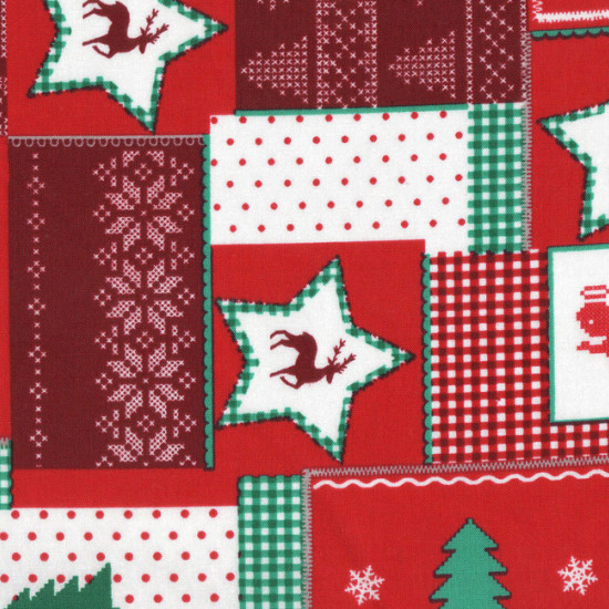 Tela Algodón Navidad Patchwork Rojo - Tejido Patchwork 100% Algodón Dibujos de navidad donde predomina el color rojo.