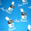 Cotton Campbells fabric - Printed cotton fabric with drawings of soup cans of the famous Campbells brand on a blue background. With this fabric it will give a vintage touch to your creations.