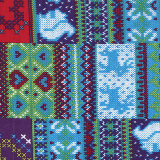 Tela Algodón Ardillas Corazones Azul - Tela de algodón con dibujos de ardillas, ciervos y corazones donde predominan los tonos azules, verdes y lilas. Tela ideal para manualidades patchwork.