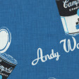 Cotton Campbells fabric - Printed cotton fabric with drawings of soup cans of the famous Campbells brand on a blue background. With this fabric it will give a vintage touch to your creations.