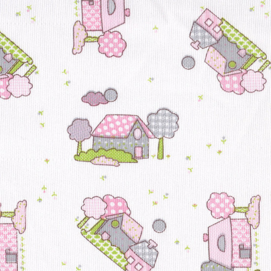 Piqué Children's Houses fabric - Piqué de Canutillo fabric with gray and pink house print