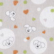 Pique Puppies Hearts Green Orange fabric - Piqué de Canutillo fabric printed with children's drawings of experts and green and orange hearts on a gray background.