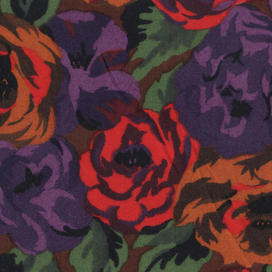 Viscose Flowers Lilac Red Brown fabric - Viscose fabric printed with drawings of flowers, where lilac, red and brown colors predominate. The fabric is 80cm wide and its 100% fiber composition
